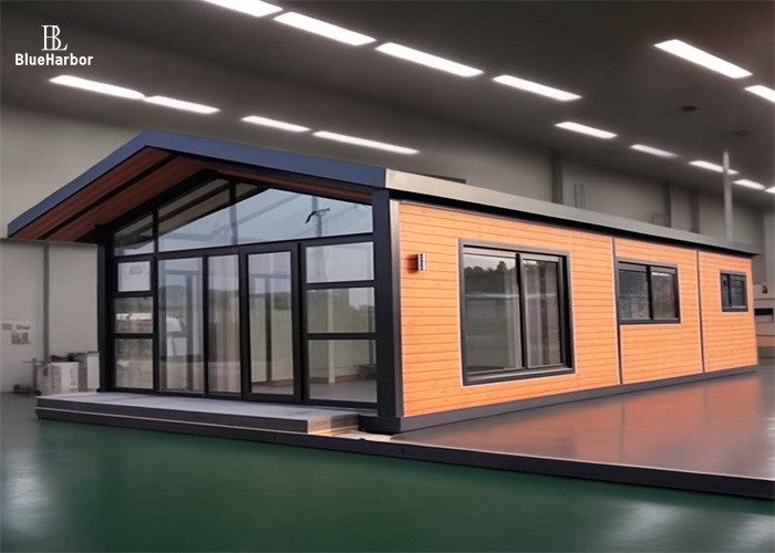 2-4 People Prefab Camp House with Imitation Wood Exterior and Floor To Ceiling Window
