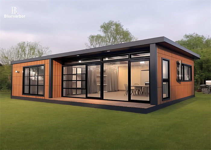 2-4 People Prefab Camp House with Imitation Wood Exterior and Floor To Ceiling Window